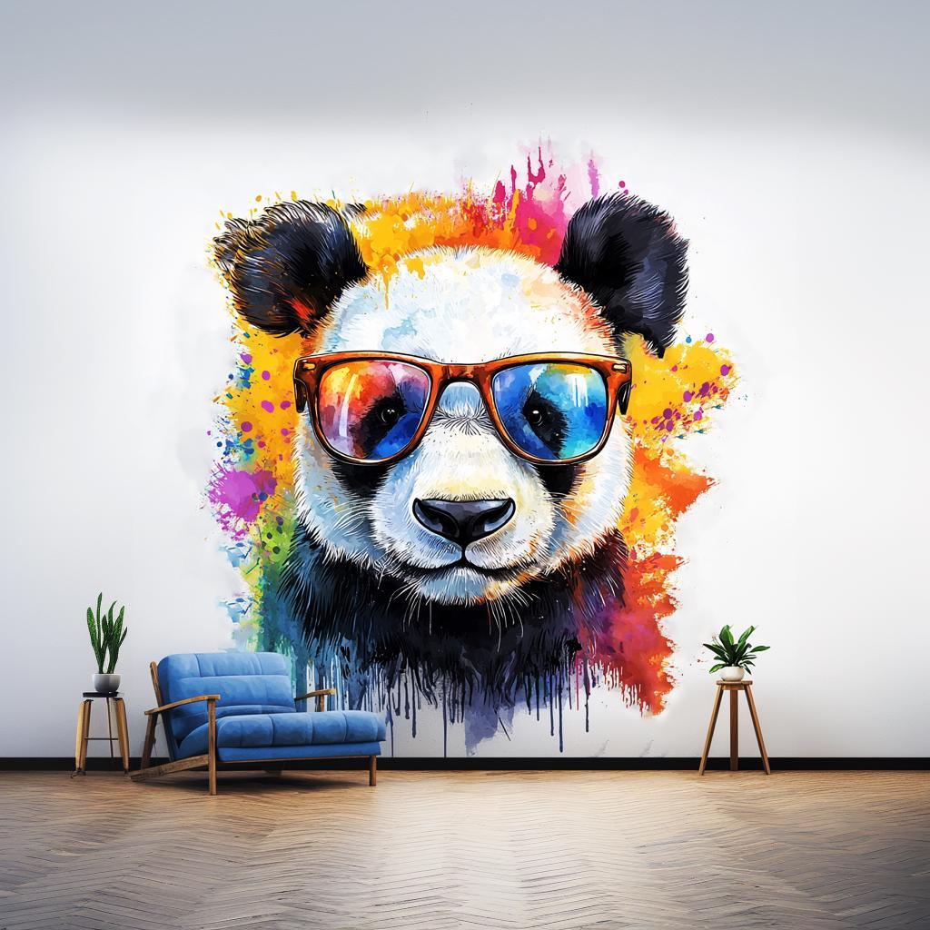 Colorful baby panda wall decal with sunglasses, perfect for kids' room decor and adding whimsical charm to nurseries.