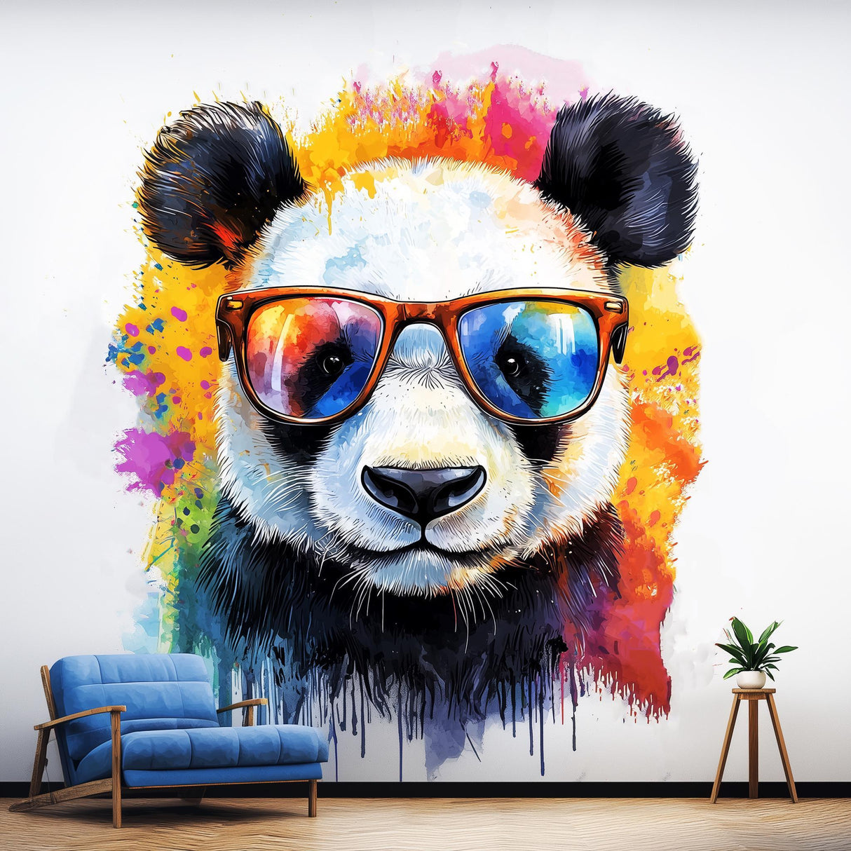 Colorful baby panda wall decal with sunglasses, vibrant watercolor design for playful nursery decor.