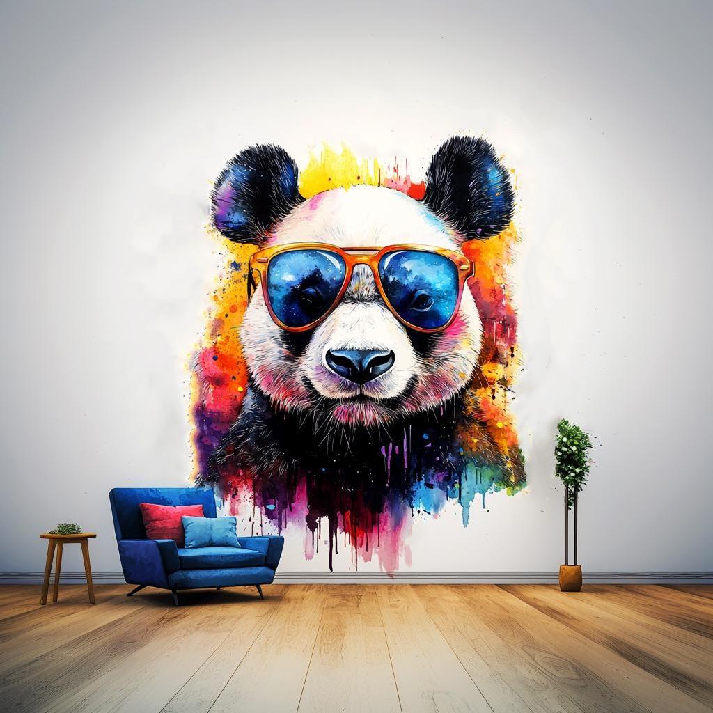 Colorful panda wall decal with sunglasses for a fun kids' room decor, featuring a watercolor splash design.