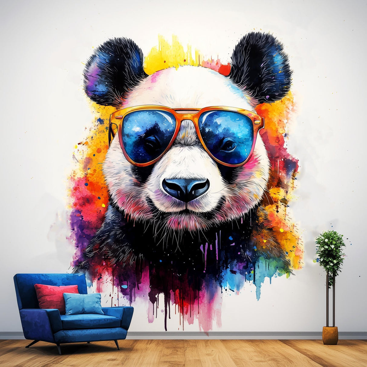 Vibrant panda wall decal with sunglasses in a colorful watercolor splash design for kids' room decor.