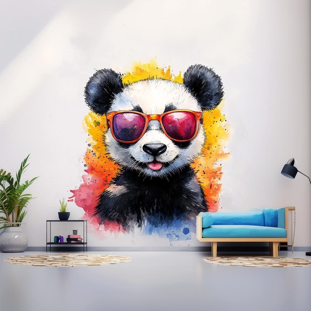 Colorful watercolor baby panda wall decal with sunglasses, adding charm and whimsy to a child's room decor.
