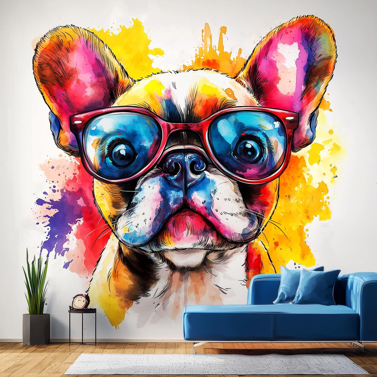 Vibrant watercolor French Bulldog wall decal with colorful sunglasses, perfect for pet lovers' room decor.