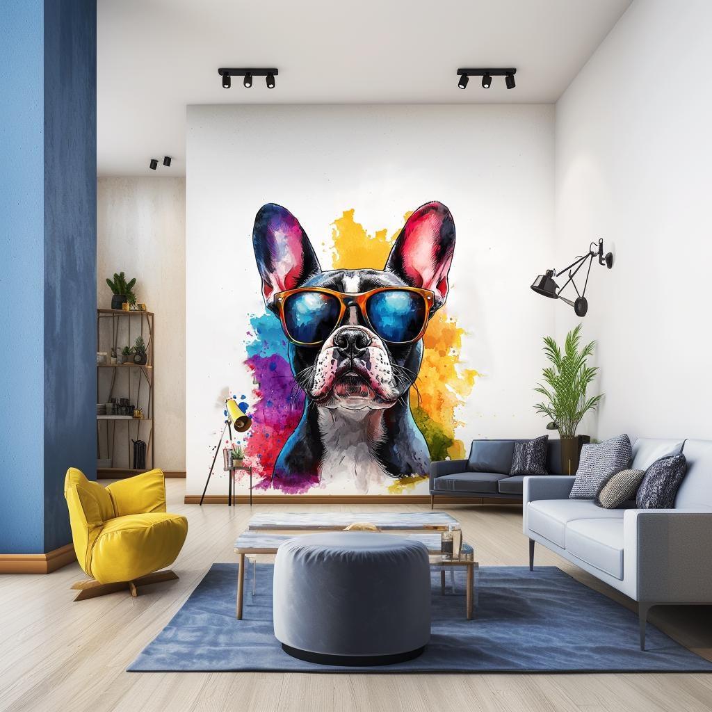 Colorful French Bulldog wall decal with sunglasses in a modern living room, adding vibrant decor and style.