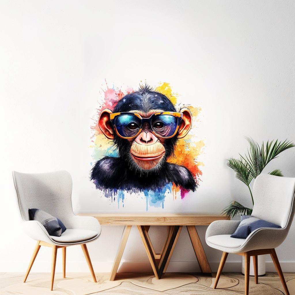Colorful baby chimpanzee wall sticker wearing sunglasses, perfect for kids' room or nursery decor.