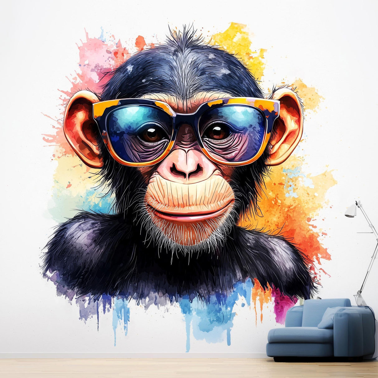 Vibrant baby chimpanzee wall sticker with sunglasses, perfect for kids' room decor.