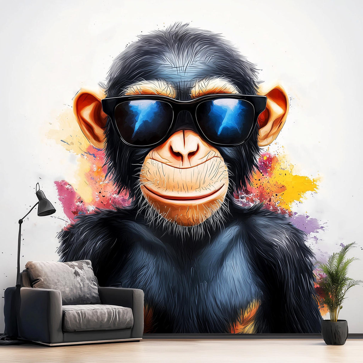 Colorful baby chimpanzee wall sticker with sunglasses, vibrant decor for playful kids' rooms.