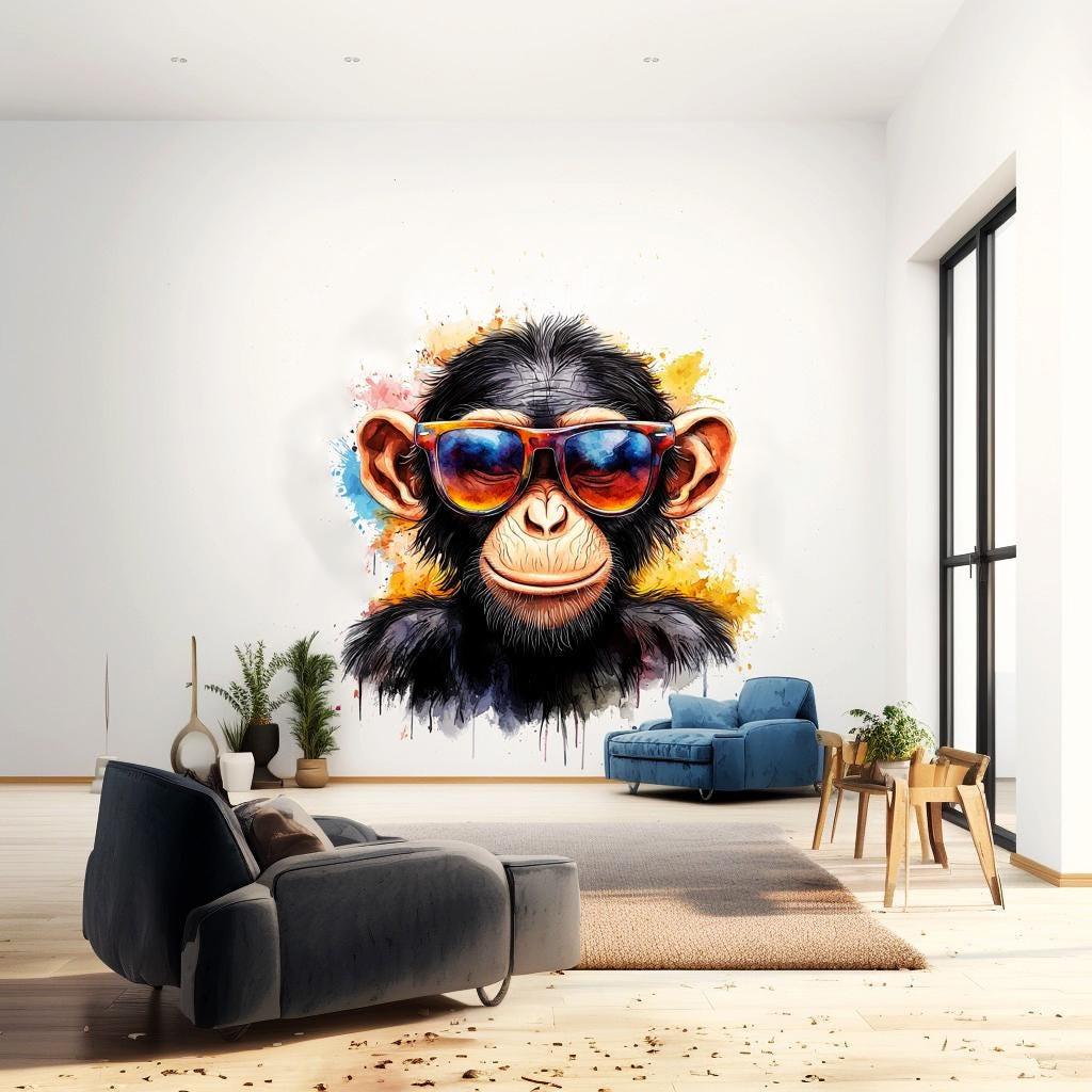 Vibrant baby chimpanzee wall sticker in sunglasses on a bright background, perfect for playful nursery decor.