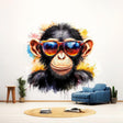 Colorful baby chimpanzee wall sticker in sunglasses, vibrant decor for nursery or playroom, adding a playful touch.