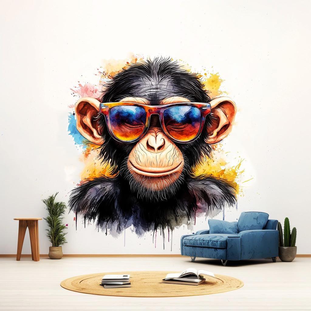 Colorful baby chimpanzee wall sticker in sunglasses, vibrant decor for nursery or playroom, adding a playful touch.
