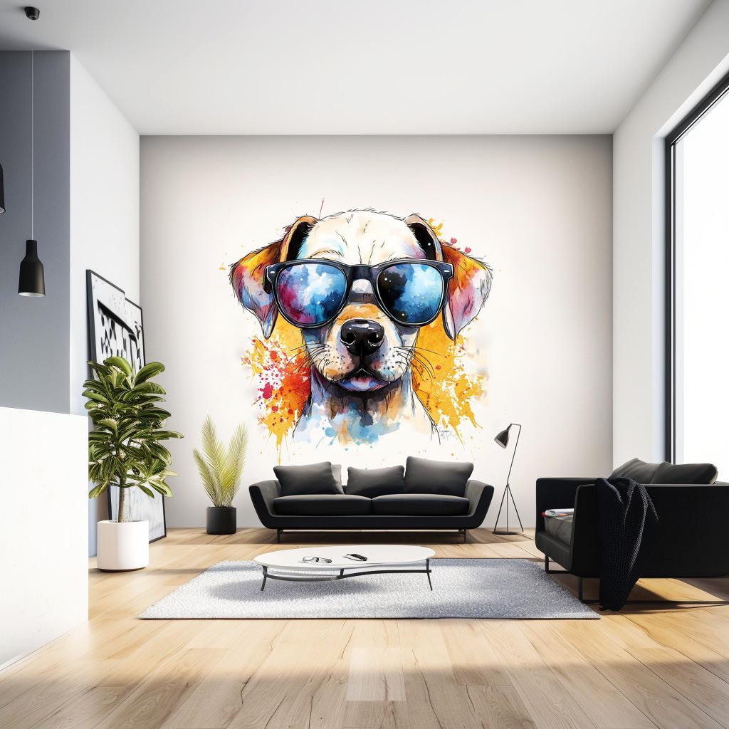 Colorful Labrador Retriever puppy wall sticker with sunglasses, brightening up modern living space decor.