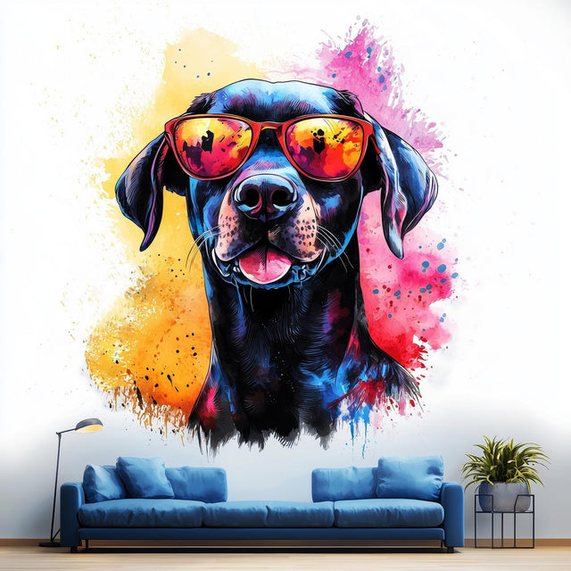 Bold Labrador Retriever wall sticker with sunglasses and vibrant colors, ideal for modern decor and dog lovers.