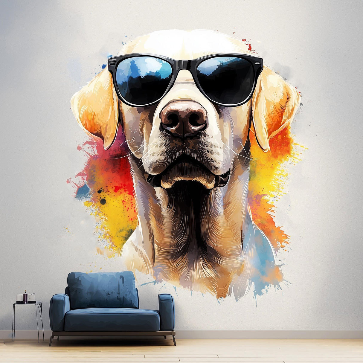 Photorealistic Labrador wall sticker with sunglasses against a vibrant background, ideal for modern pet decor.
