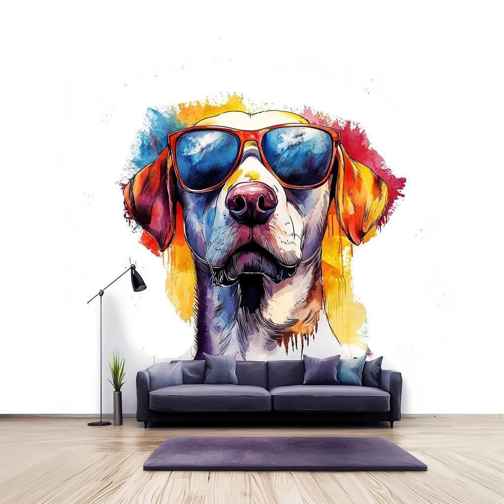Vibrant Labrador Retriever wall sticker in sunglasses, colorful dog art for playful home decor.