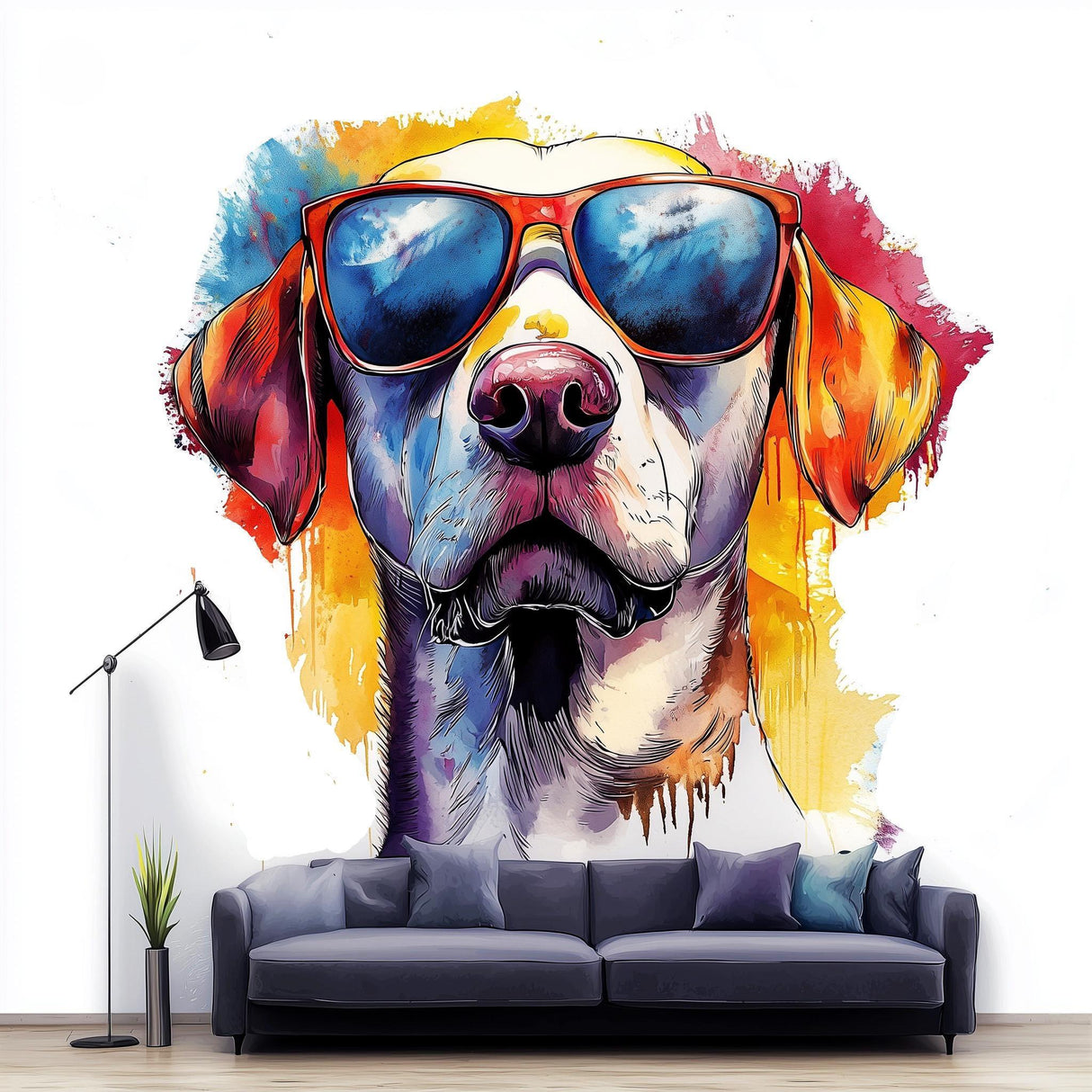 Vibrant Labrador Retriever wall sticker with sunglasses, colorful dog decal for playful home decor.