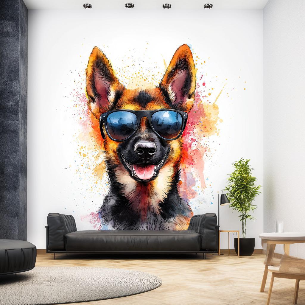 Playful German Shepherd wall sticker in sunglasses, vibrant dog art for kids' rooms and modern decor.