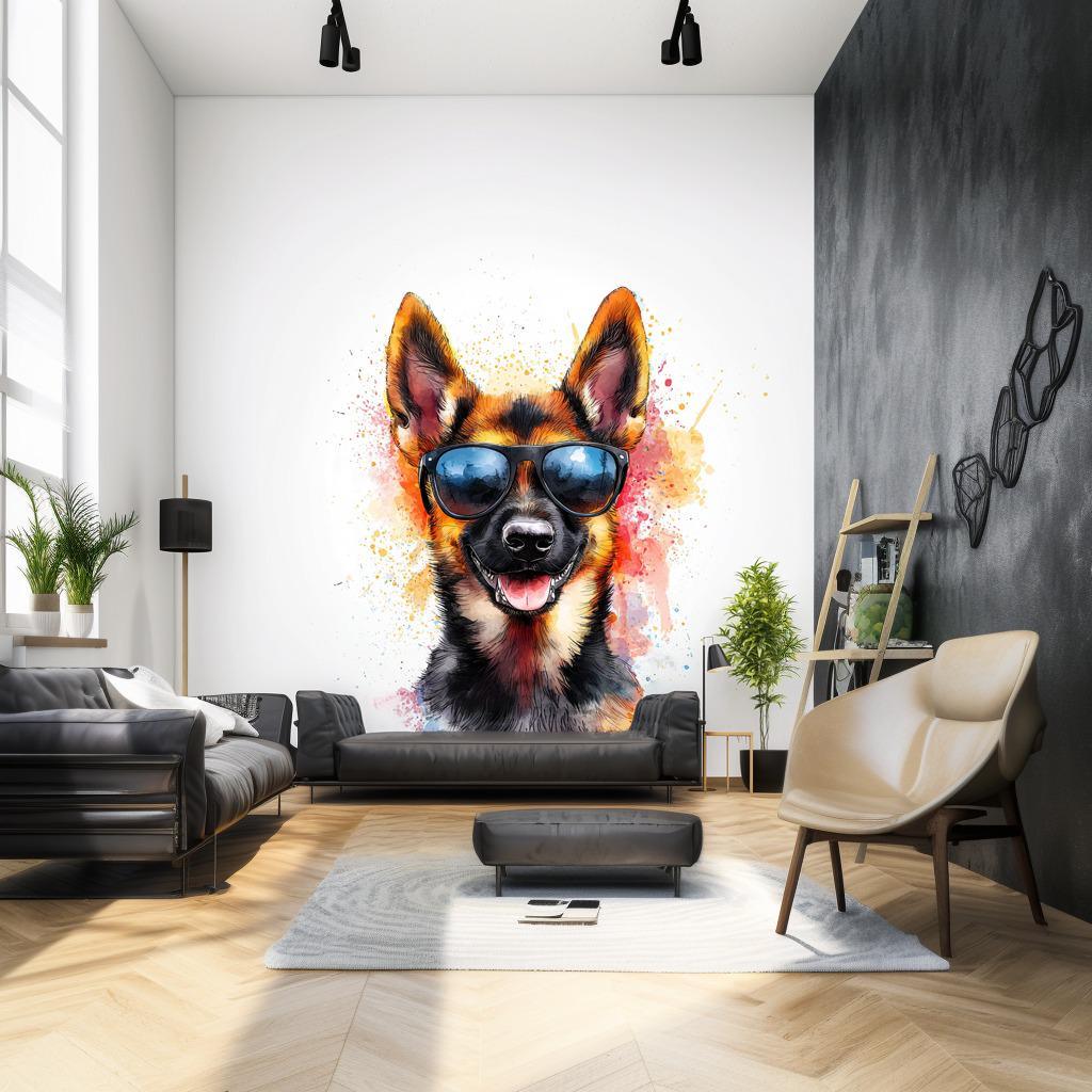 Vibrant German Shepherd wall sticker with sunglasses in modern living room decor, adding fun and charm.