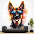 Colorful German Shepherd wall decal with sunglasses, perfect for playful decor in kids' rooms or modern spaces.