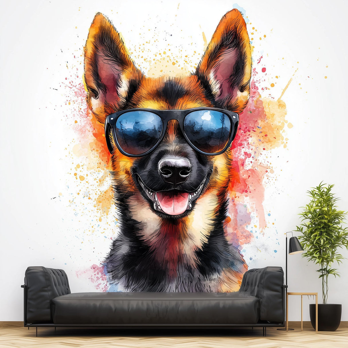 Colorful German Shepherd wall decal with sunglasses, perfect for playful decor in kids' rooms or modern spaces.
