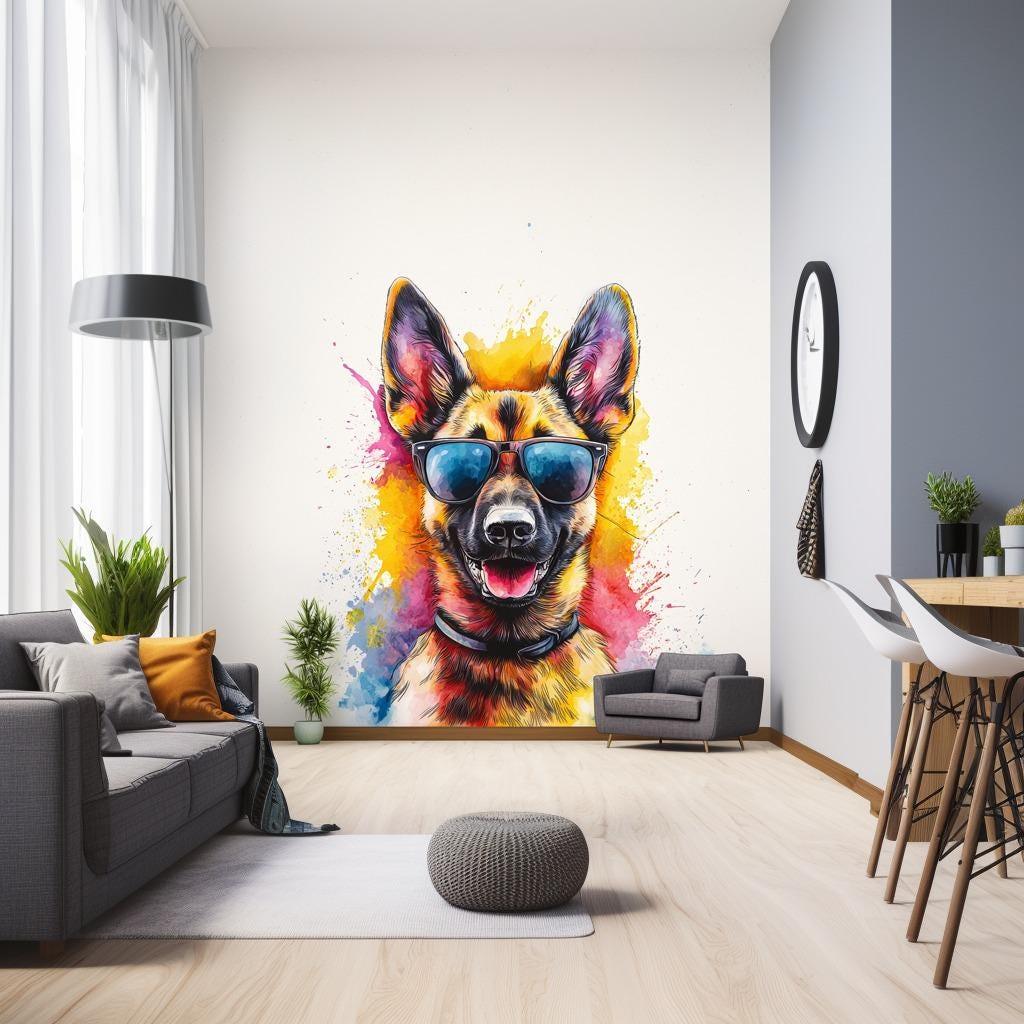 Vibrant German Shepherd wall sticker with sunglasses in a modern living room decor.