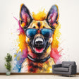 Colorful German Shepherd wall sticker with sunglasses, bright and playful dog decor for nurseries and playrooms.