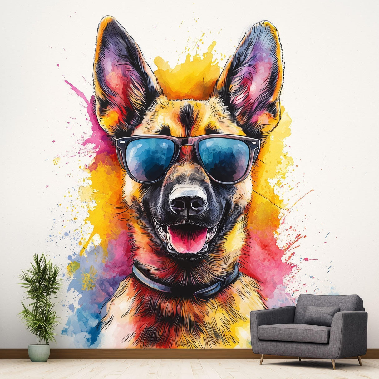 Colorful German Shepherd wall sticker with sunglasses, bright and playful dog decor for nurseries and playrooms.