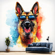 Vibrant German Shepherd wall sticker wearing sunglasses, colorful background, perfect for kids' rooms and playful decor.