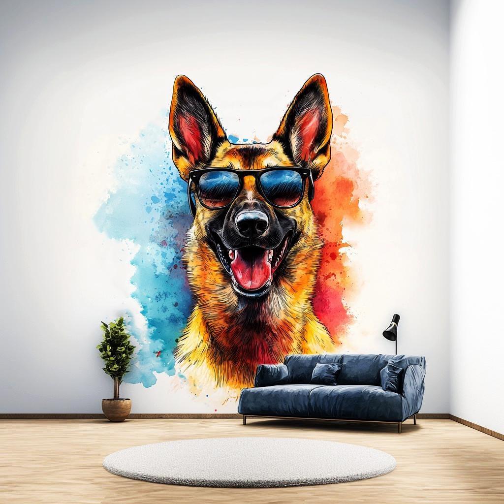 Colorful German Shepherd wall sticker wearing sunglasses in a modern room setting with playful decor.
