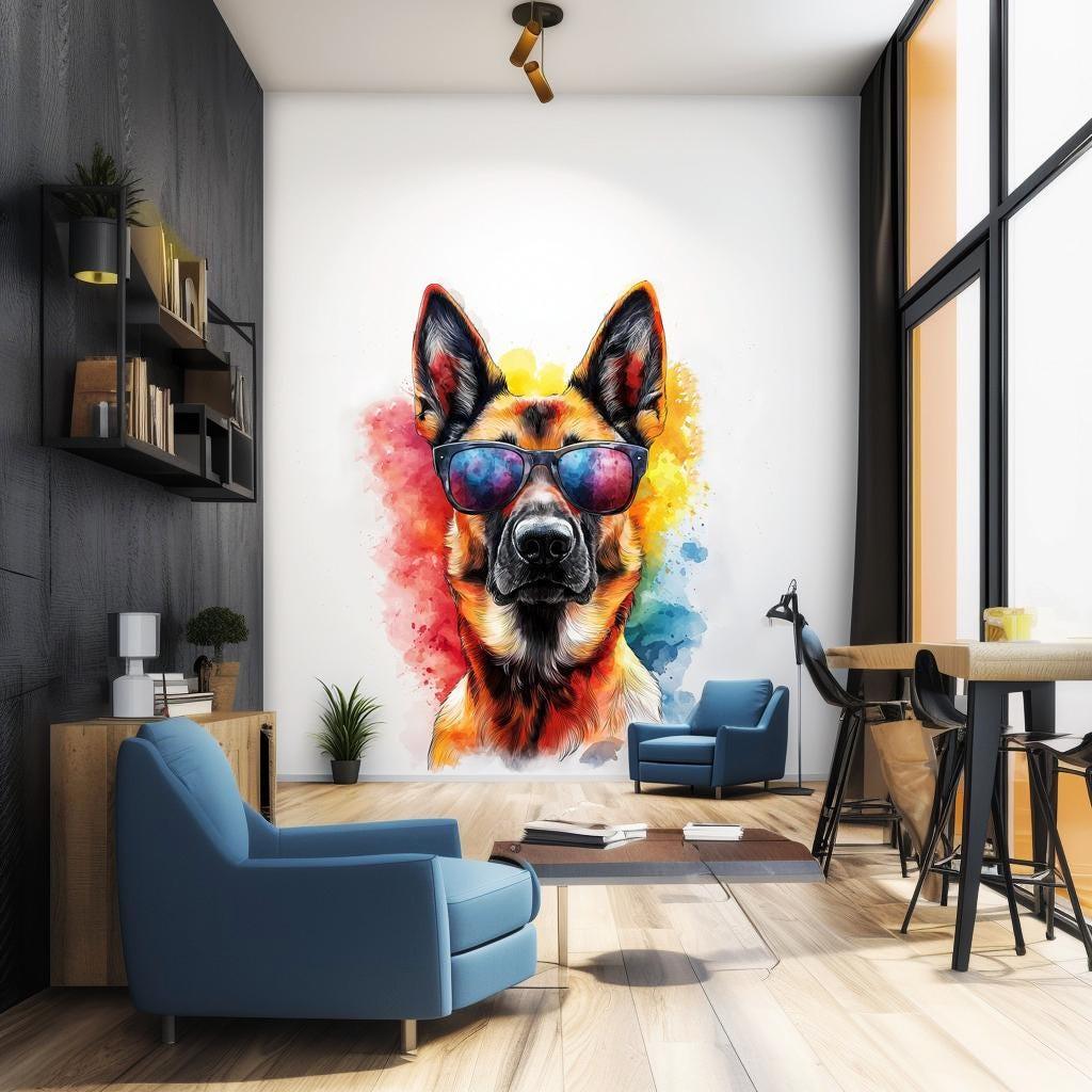 Photorealistic German Shepherd wall sticker with sunglasses in a modern room, colorful pet decor adds playful style.