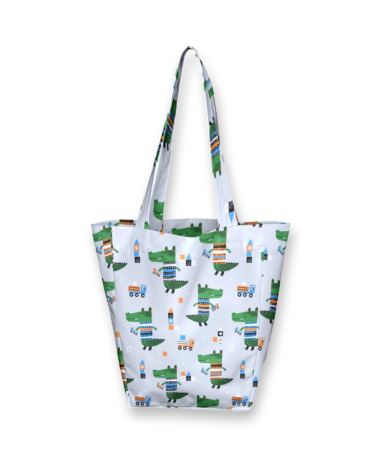 Colorful kids tote bag featuring playful alligator and rocket print, perfect for carrying toys and small items.