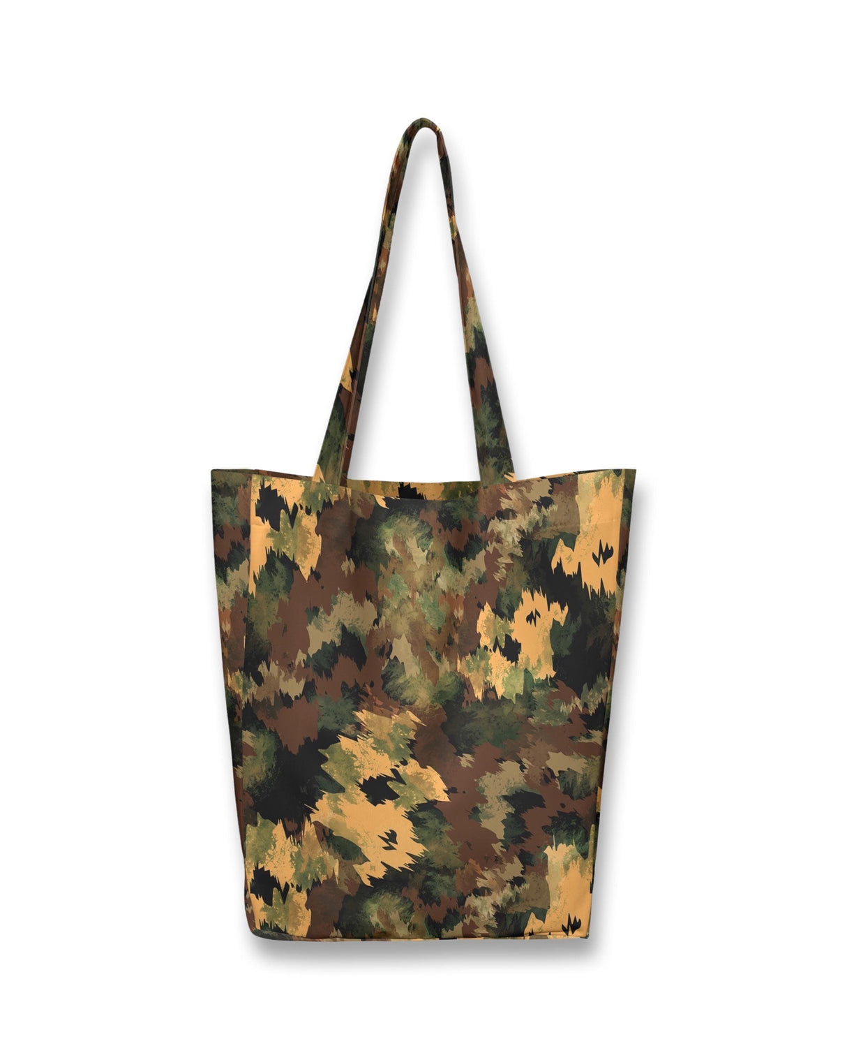 Women's large tote bag in military brown camouflage pattern, perfect for travel, beach, and gym.