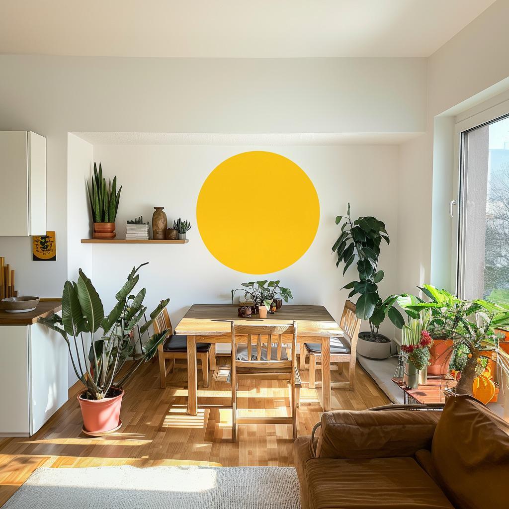 Yellow circle wall decal in a modern living space, enhancing decor with elegance and warmth.