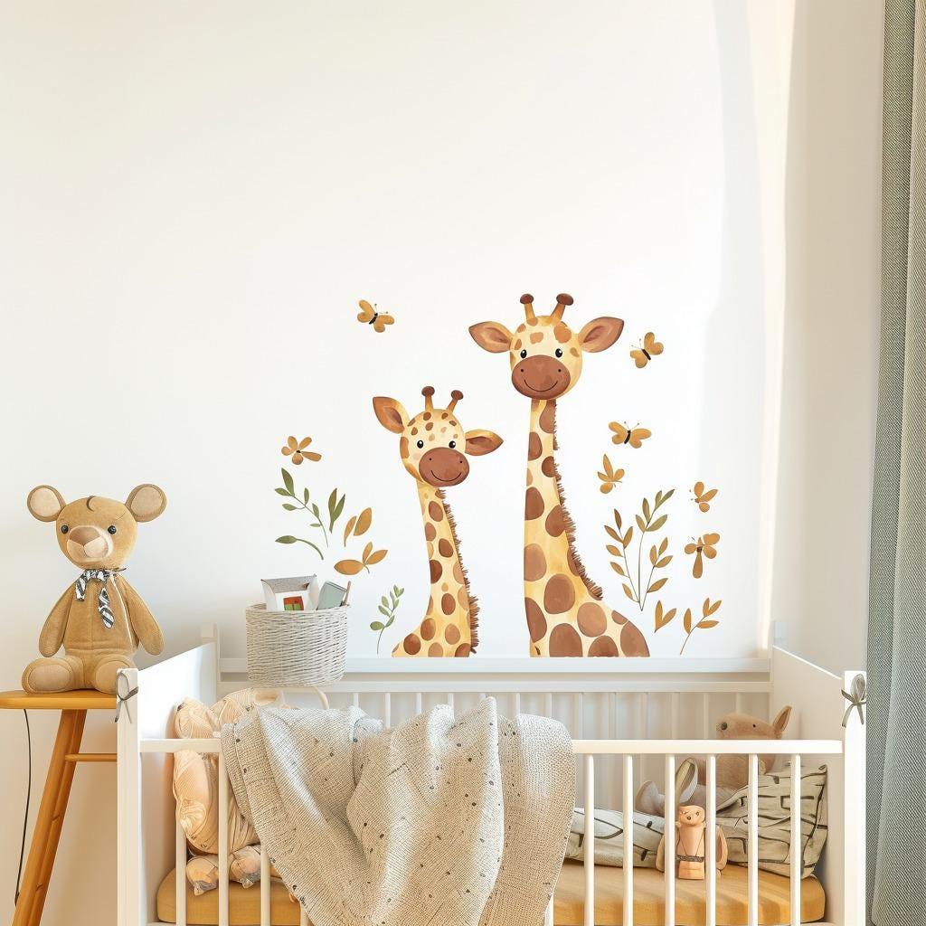 Watercolor giraffe wall decal in a kid's room with plush bear and cozy blanket.