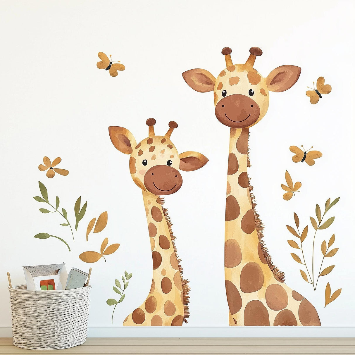 Watercolor playful giraffe wall decal with butterflies and leaves, ideal for kids room decor.