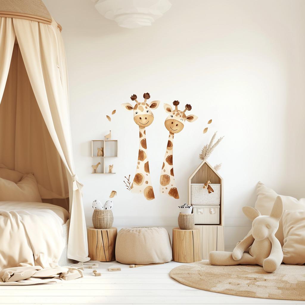 Playful giraffe wall sticker in kids room, featuring two whimsical giraffes in watercolor style, adding warmth and joy.