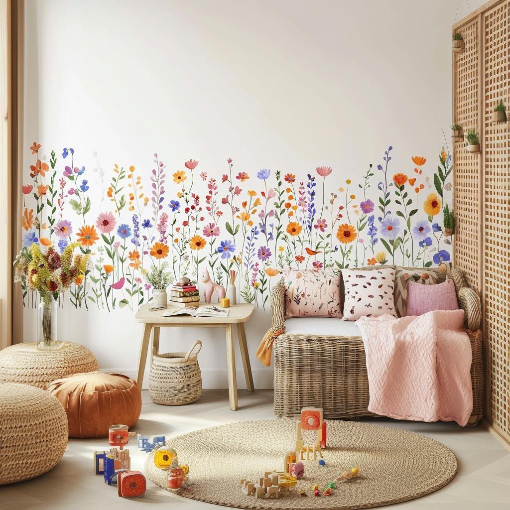 Vibrant wildflower wall decals in a cozy kids' room with natural decor and colorful furnishings.
