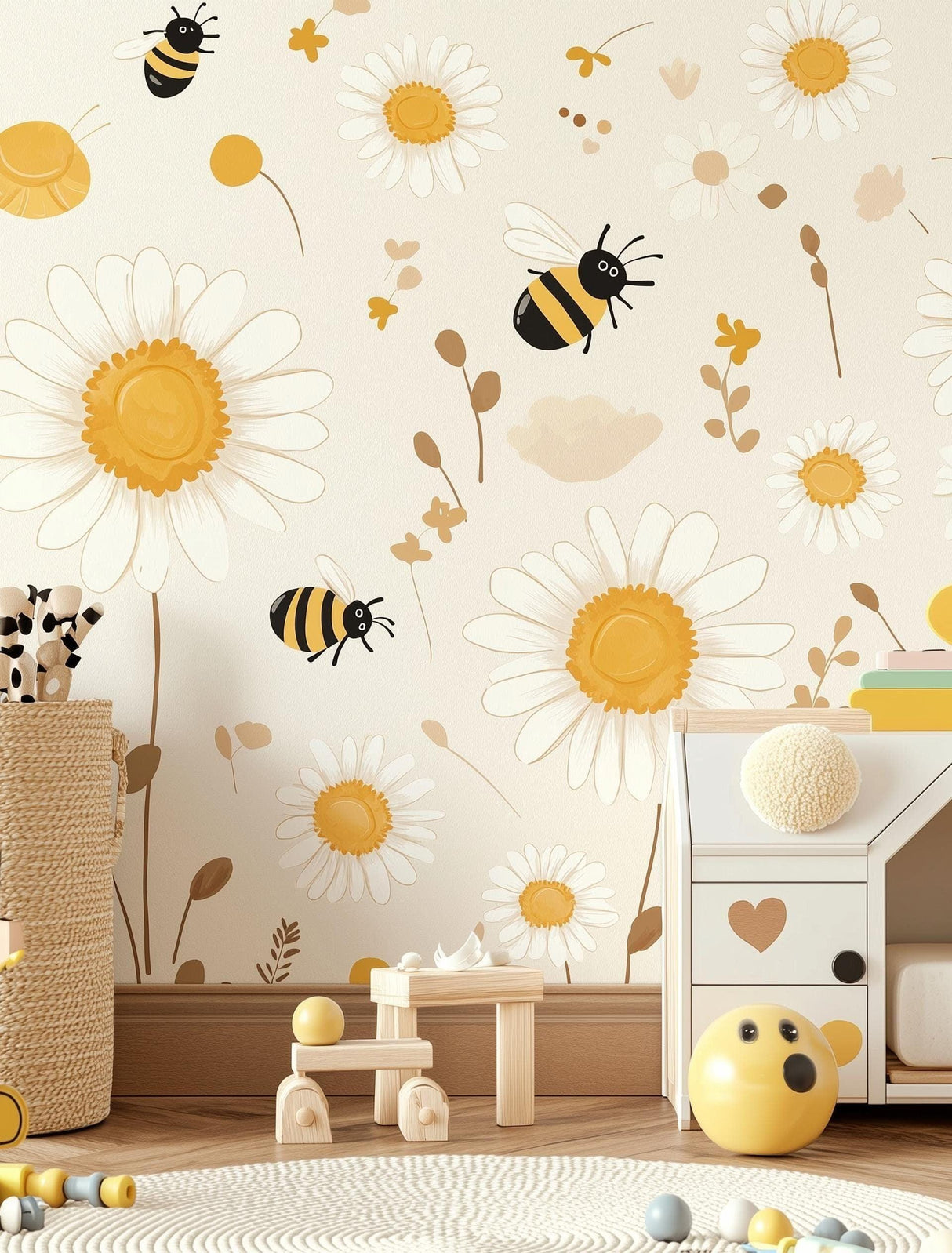 Bright and cheerful nursery wall with yellow daisies and buzzing bees, perfect for kids' room decor.