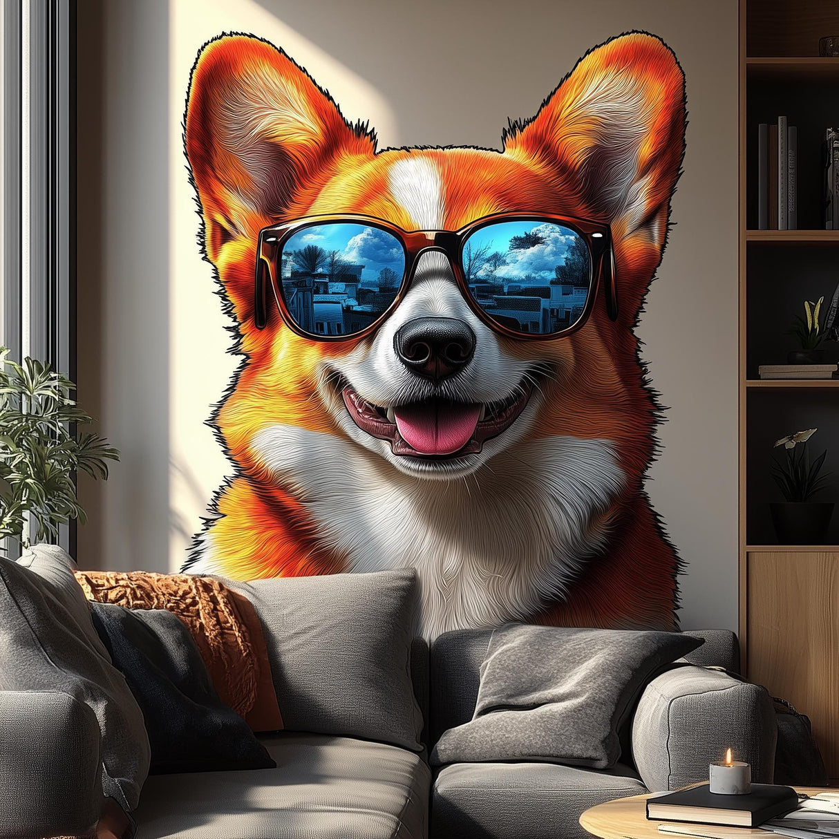 Happy Corgi with sunglasses wall decal, adding playful decor to a cozy living room.