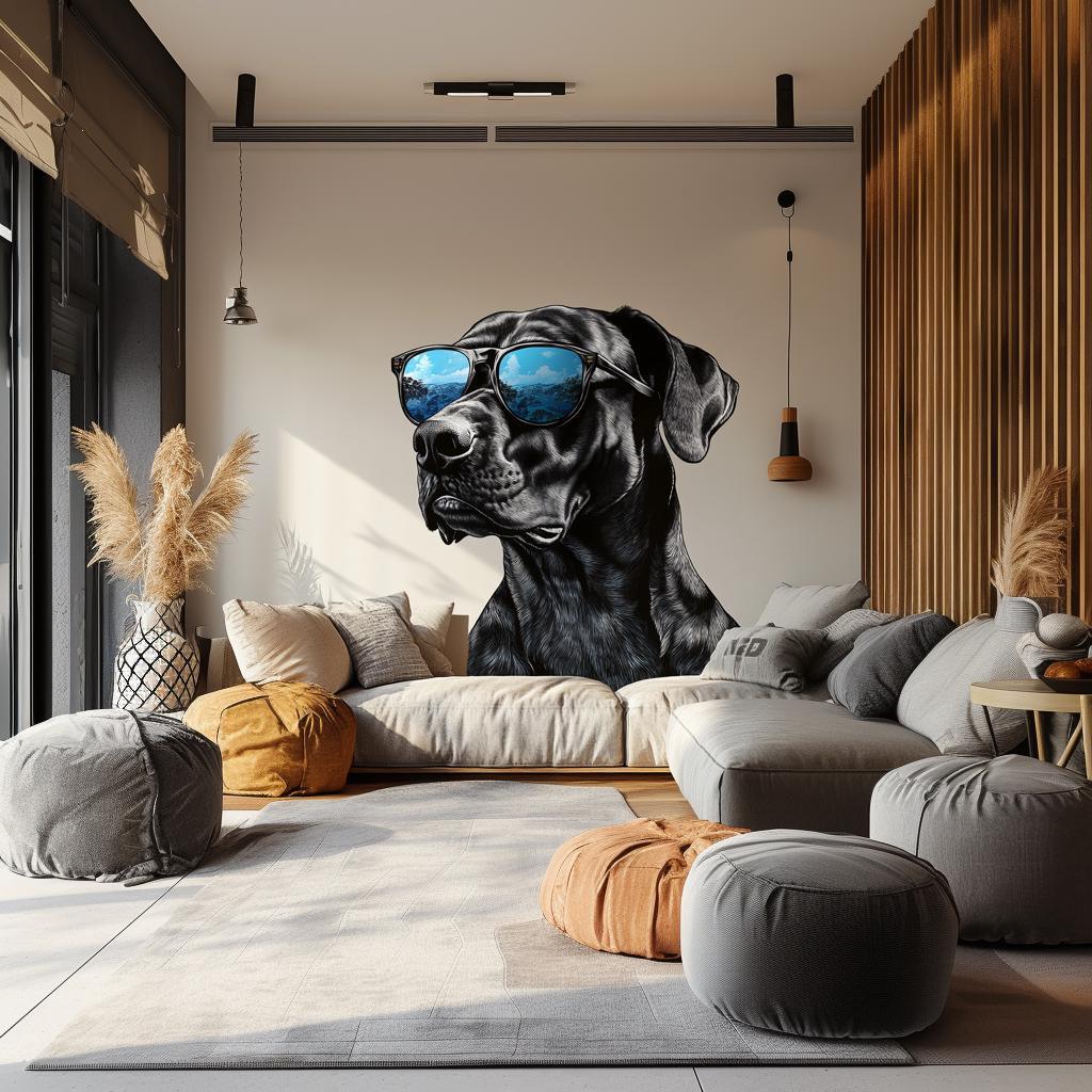 Stylish black dog with sunglasses wall decal in a modern living room, adding edgy decor to the space.