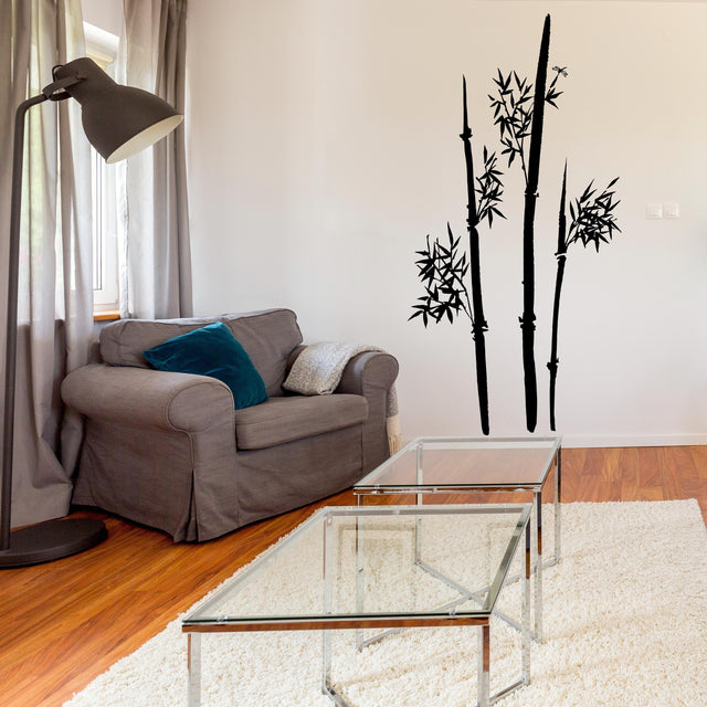 Minimalist bamboo wall decal in a cozy living room, enhancing decor with a zen-inspired design.