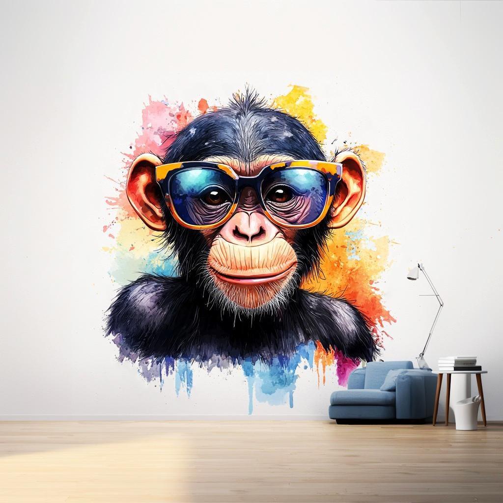 Colorful baby chimpanzee wall sticker with sunglasses for playful kids room decor.
