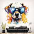 Colorful Labrador Retriever puppy wall sticker with sunglasses, adding personality to living room decor.