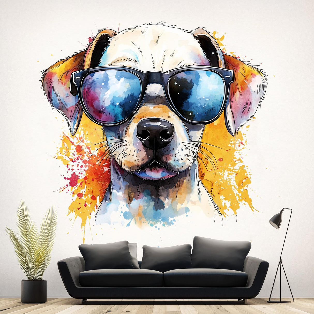 Colorful Labrador Retriever puppy wall sticker with sunglasses, adding personality to living room decor.