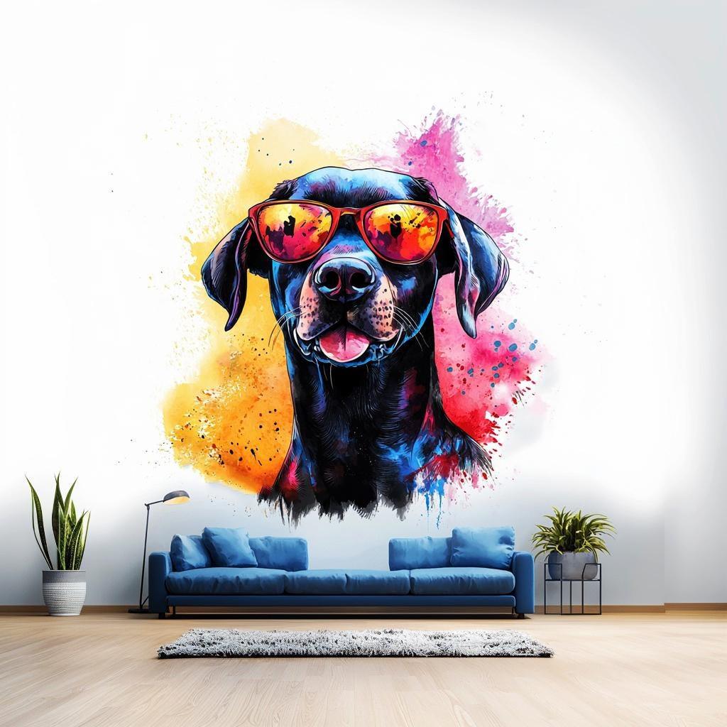 Colorful Labrador Retriever wall sticker with sunglasses, vibrant dog decal adding personality to any space.