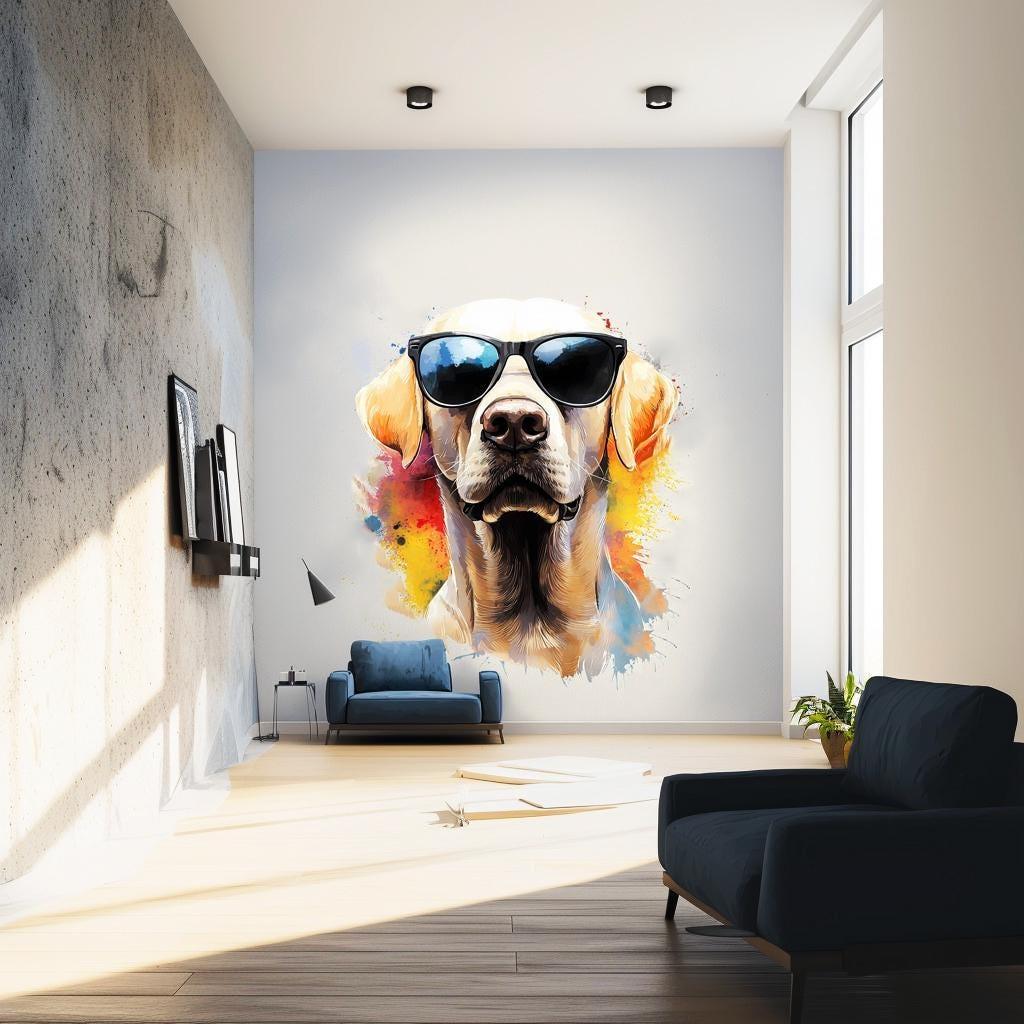 Photorealistic Labrador wall sticker with sunglasses, bright colors accentuating a modern living space.