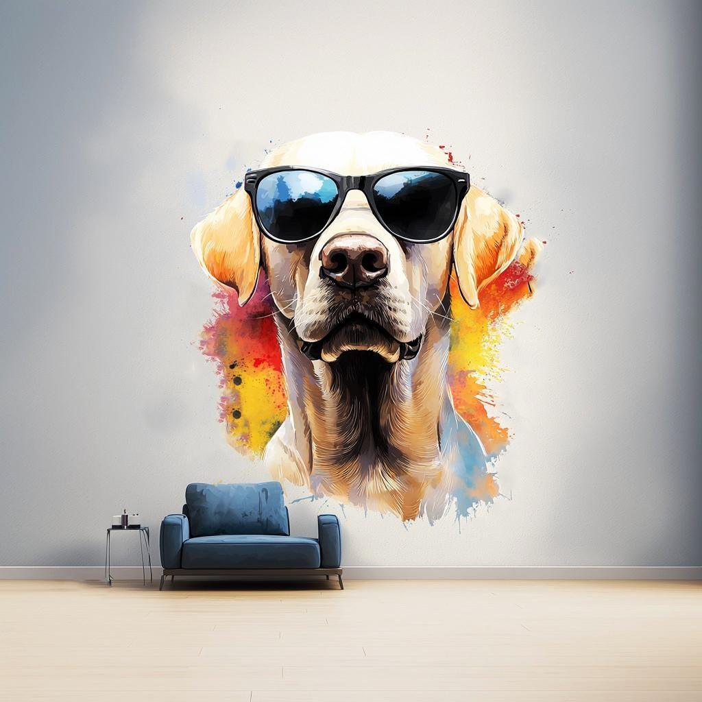 Photorealistic Labrador wall sticker with sunglasses against a colorful background, perfect for playful decor.