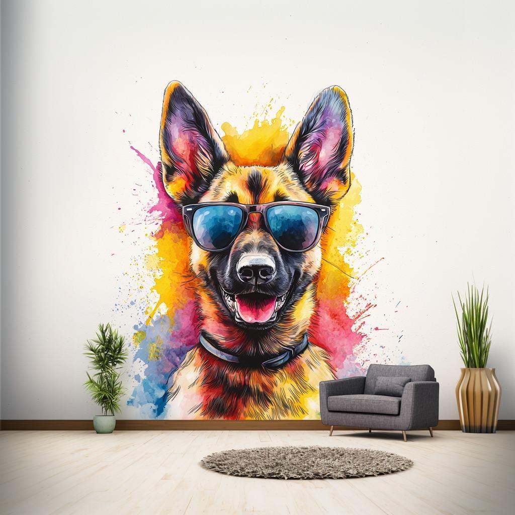 Vibrant German Shepherd wall sticker with sunglasses and colorful splash background in a modern room.