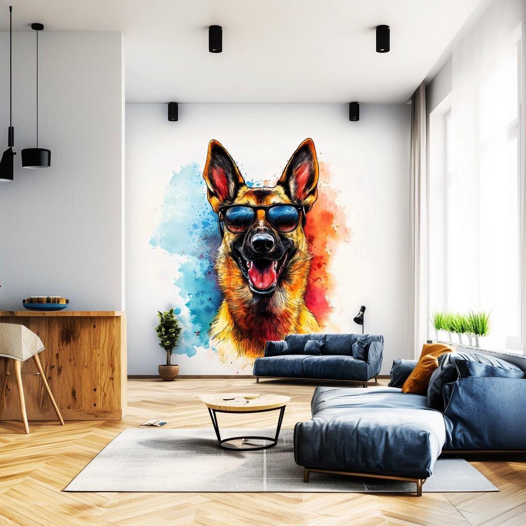 Colorful German Shepherd wall sticker with sunglasses in modern living room decor.