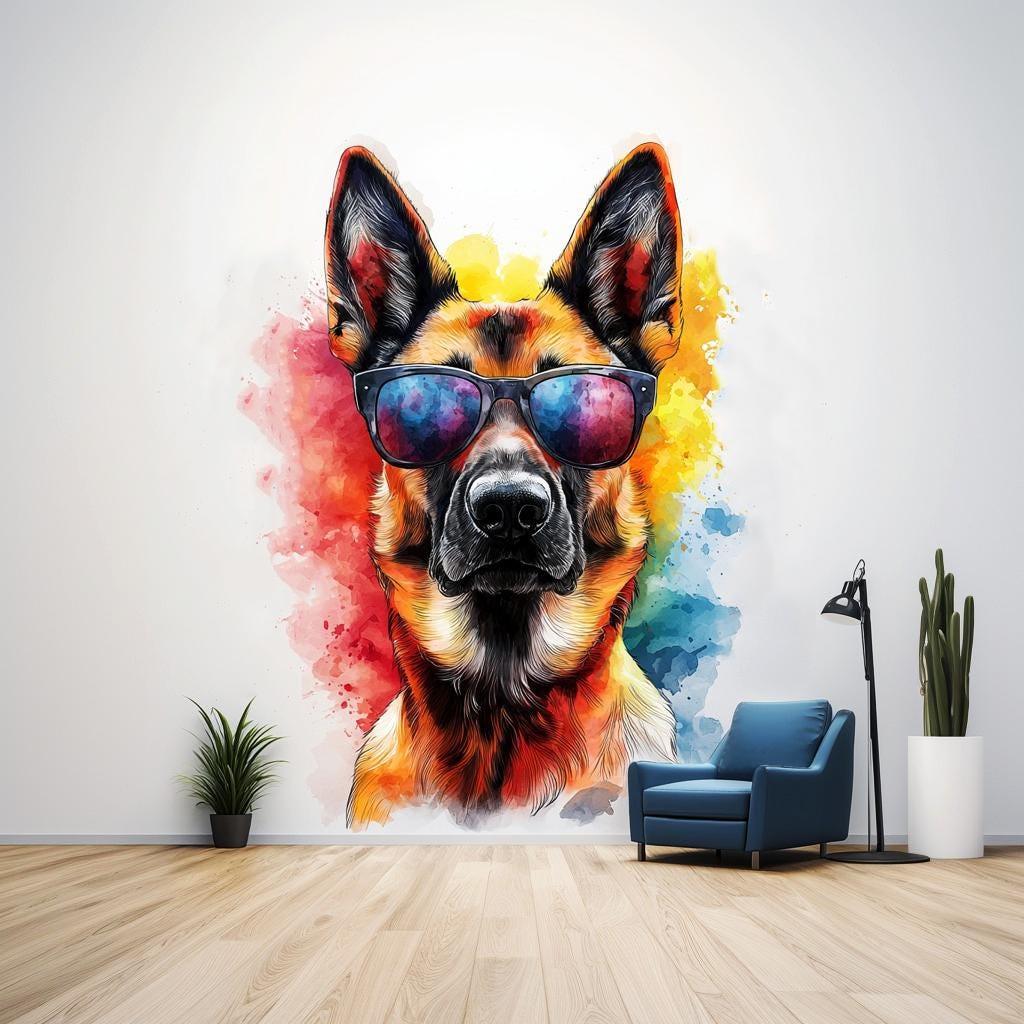 Vibrant photorealistic German Shepherd wall sticker with sunglasses, colorful splash background, perfect for playful decor.