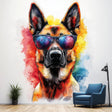 Photorealistic German Shepherd wall sticker with sunglasses and vibrant colors, perfect playful decor for any room.