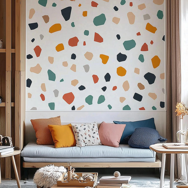 Colorful terrazzo wall stickers in a modern kids room, with playful shapes adding a whimsical touch to the decor.
